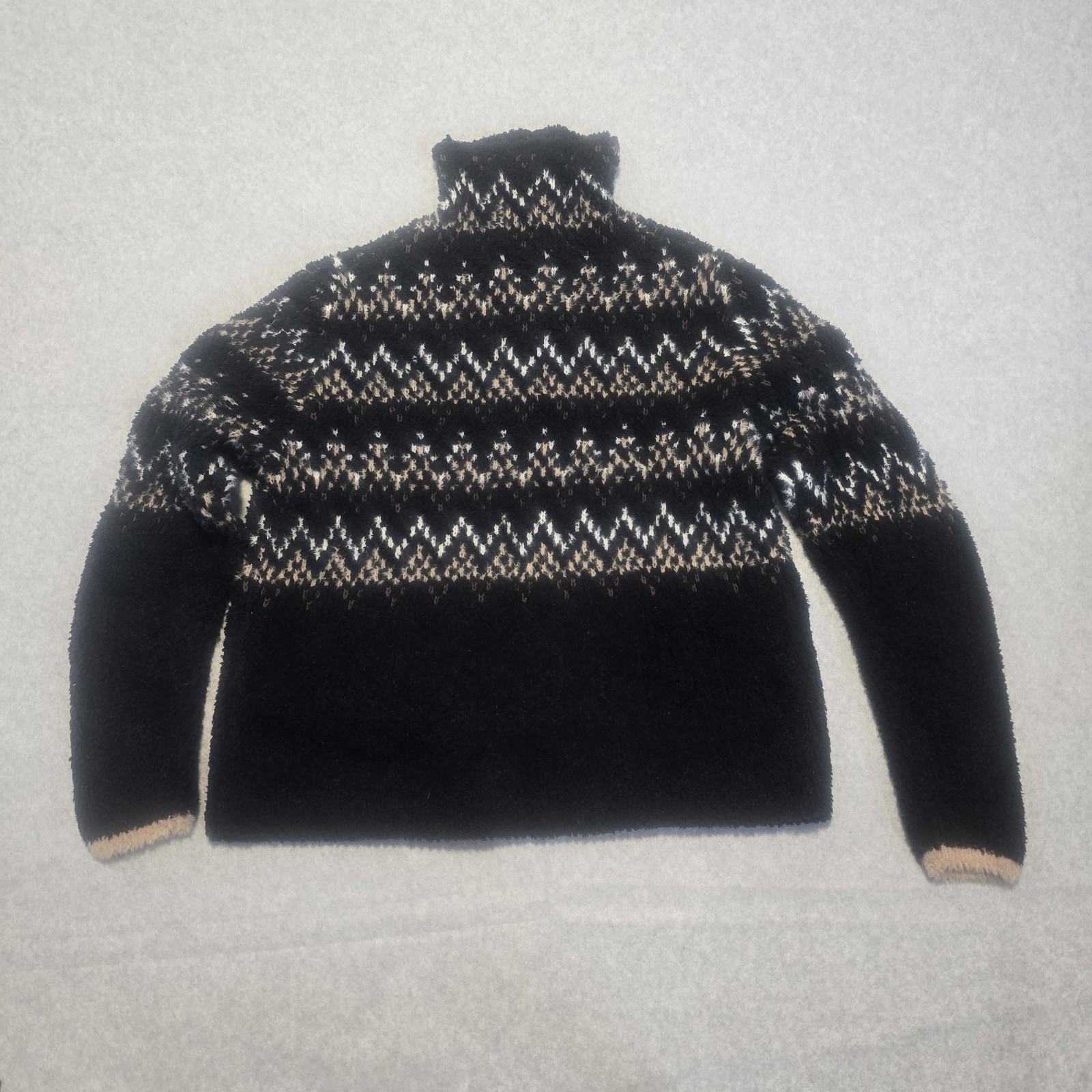 Natural Reflections Quarter Zip Pullover Women M Black Fair Isle Cabin Gorpcore