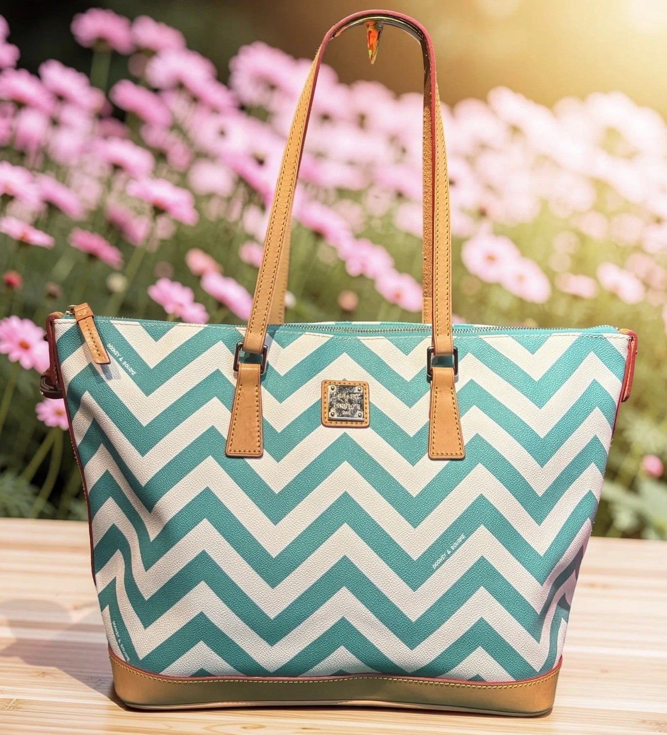 Dooney Bourke Turquoise Spearmint Green Chevron Large Shopper Tote Shoulder Bag