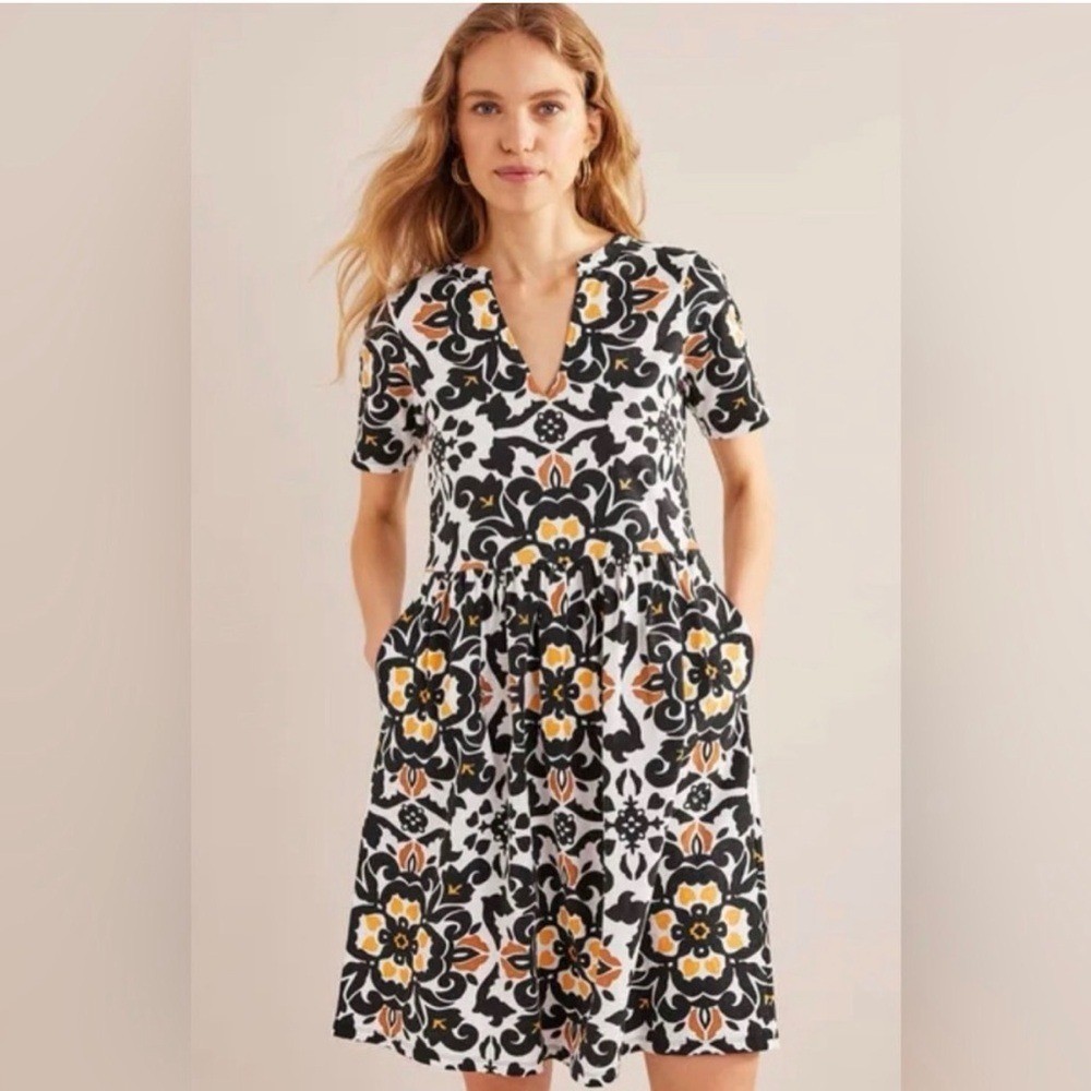 NWT Boden Easy Notch Neck Jersey Dress in White Black Brown Yellow 16-18 Long