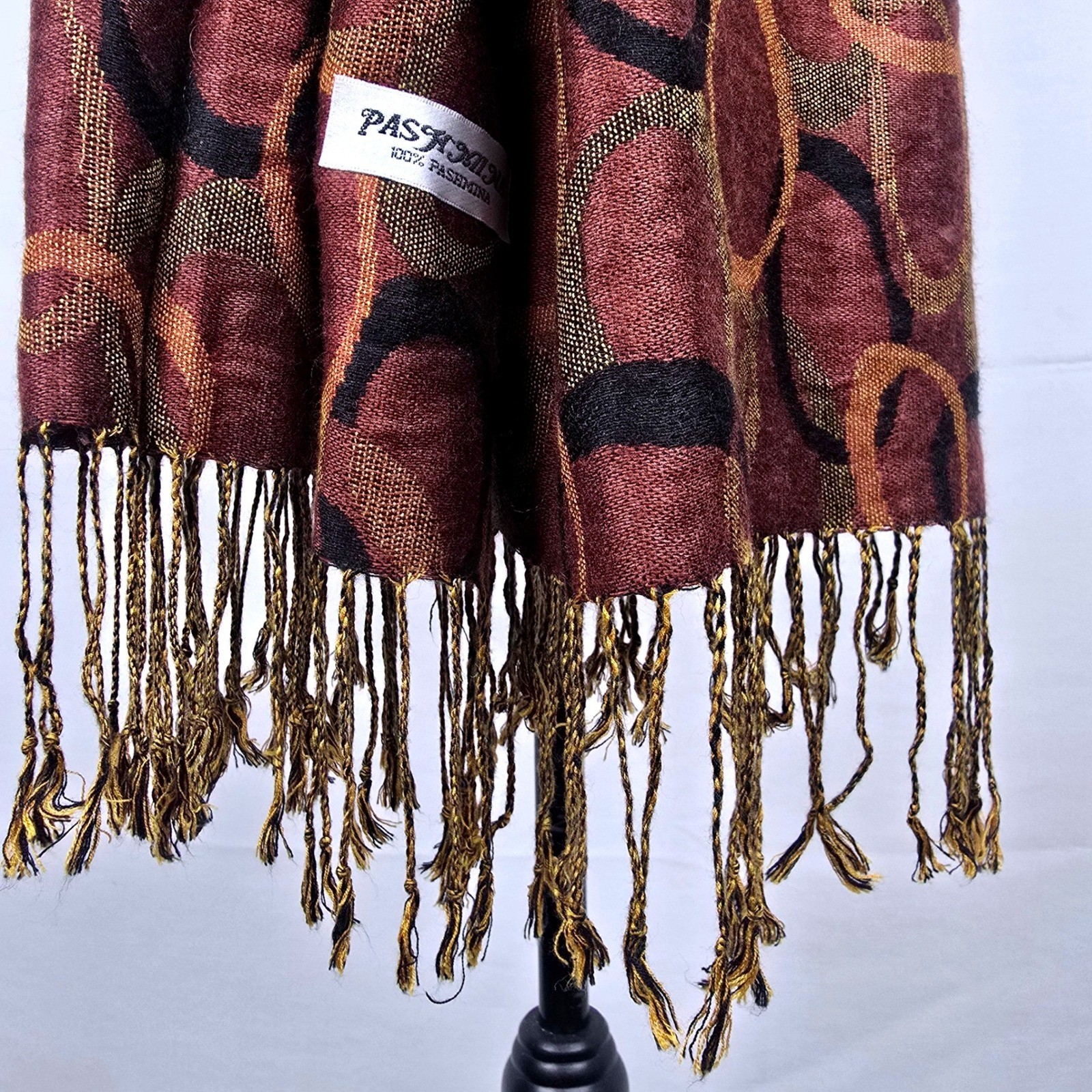 Pashmina 100% Pashmina Scarf Wrap Burgundy Copper Geometric Circle Fringe Shawl