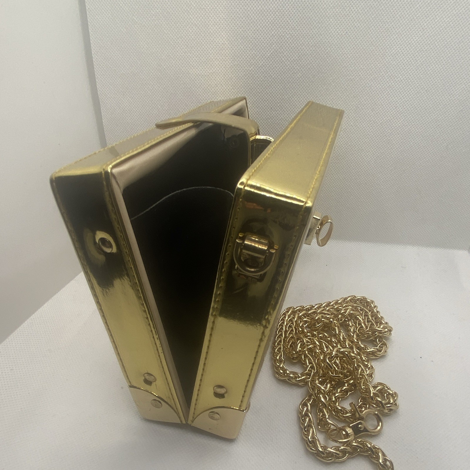Gold Polished Metal Box Crossbody Bag w/ Detachable Chain Strap, Studs, Latch