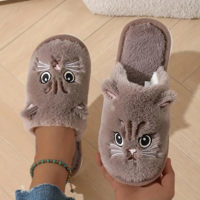 Womens Plush Cat Slippers Winter Warm Cozy Indoor House Shoes Soft EVA Sole Non-