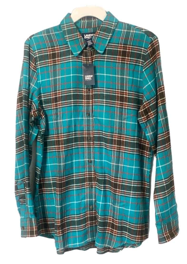 Lands End Womens Boyfriend Flannel, Spa Blue/Wood Plaid, S, M, NWT SHIPS FREE