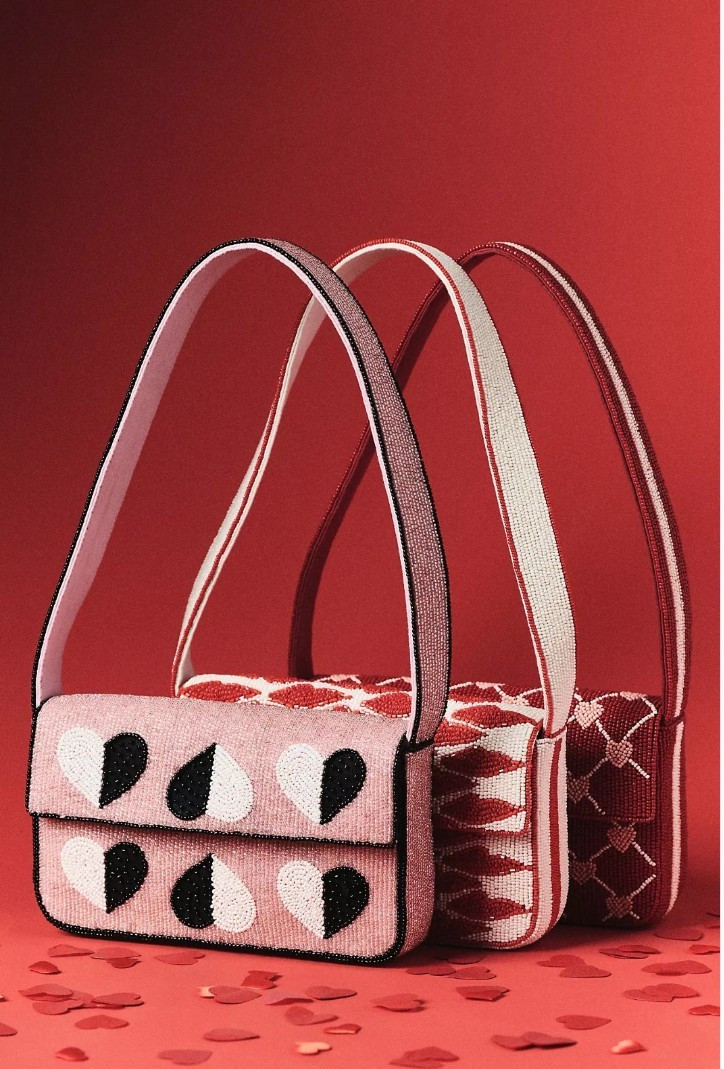 NEW Anthropologie Fiona Beaded Bag Iconic Edition Love Hearts Pink