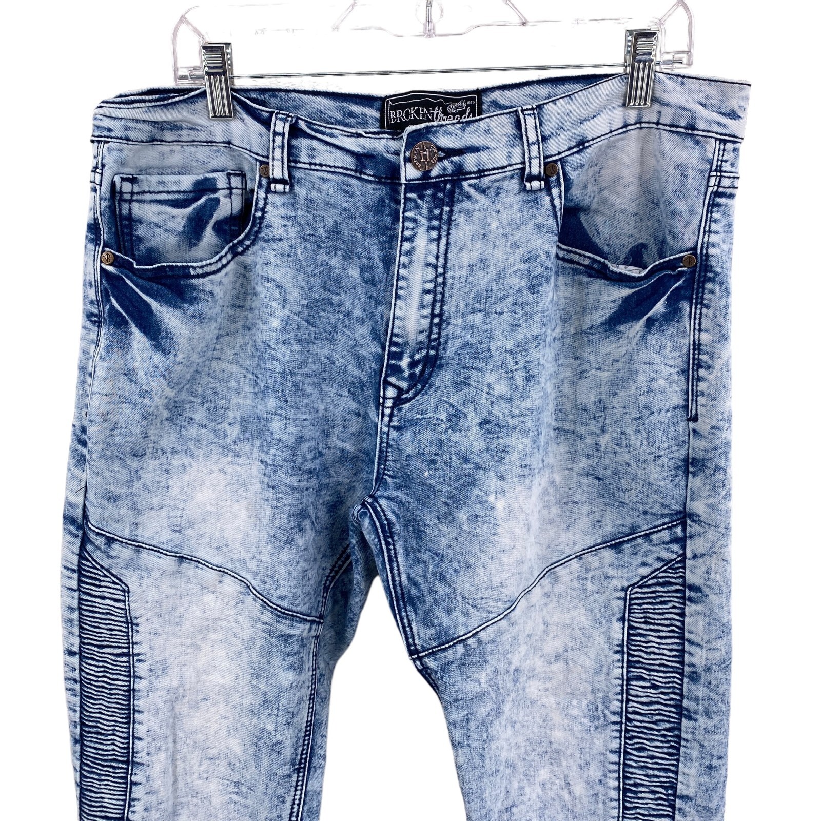 Broken Threads Mens Blue Denim Jeans Stone Washed Size 36 x 30 Slim Fit Stretch