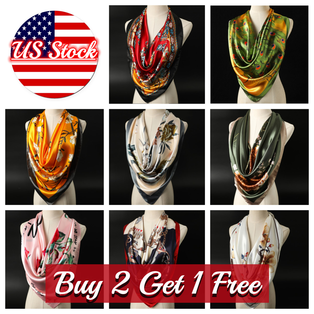 Large Square Silk Like Scarf Bandanna Satin Head Neck Scarf Wrap Shawl 35″x35″