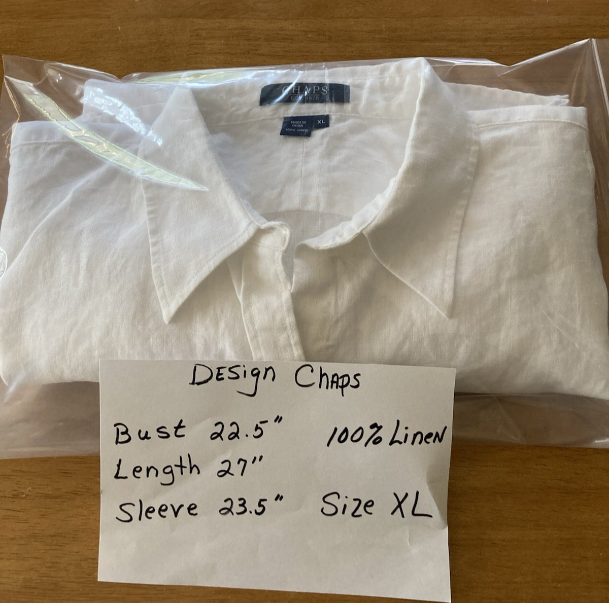 Chaps *Logo* White Button Up Collared Blouse 100% Linen SZ XL 3/4 Split Sleeve