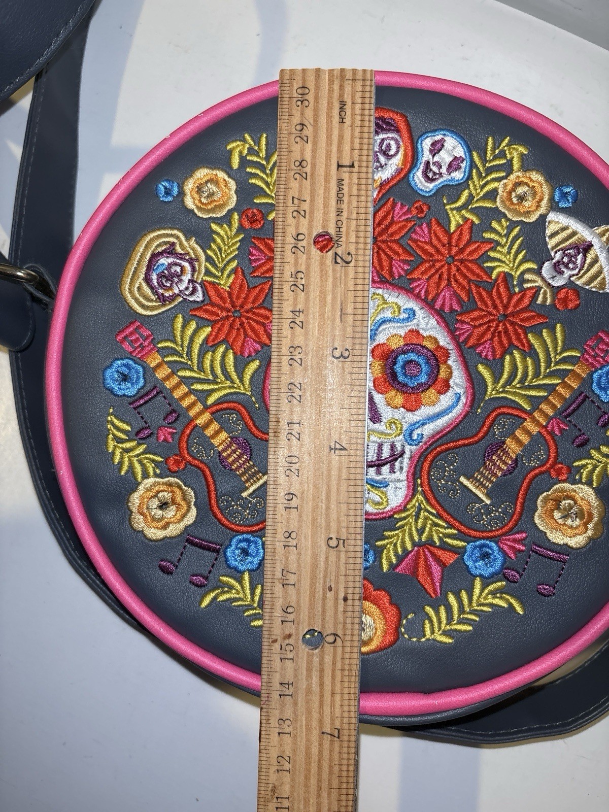 Disney Store Round Coco Embroidered Crossbody Bag Gray Pink Sugar Skull EUC