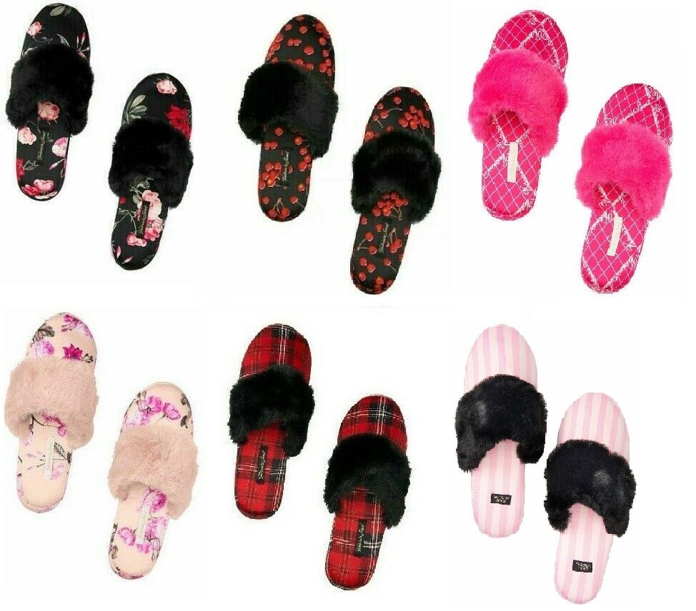 VICTORIAS SECRET SIGNATURE SATIN SLIPPERS DUST BAG BLACK PINK FLORAL S M L NWT