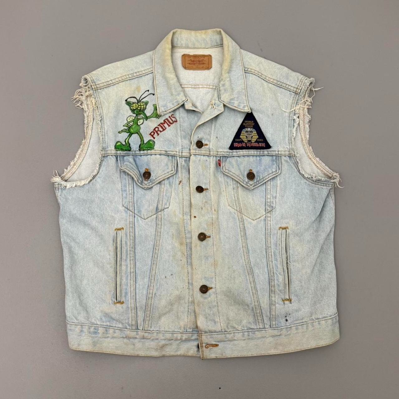 Vintage 80s Levis Punk Denim Vest Light Wash Patches Blue Button Front Size XL