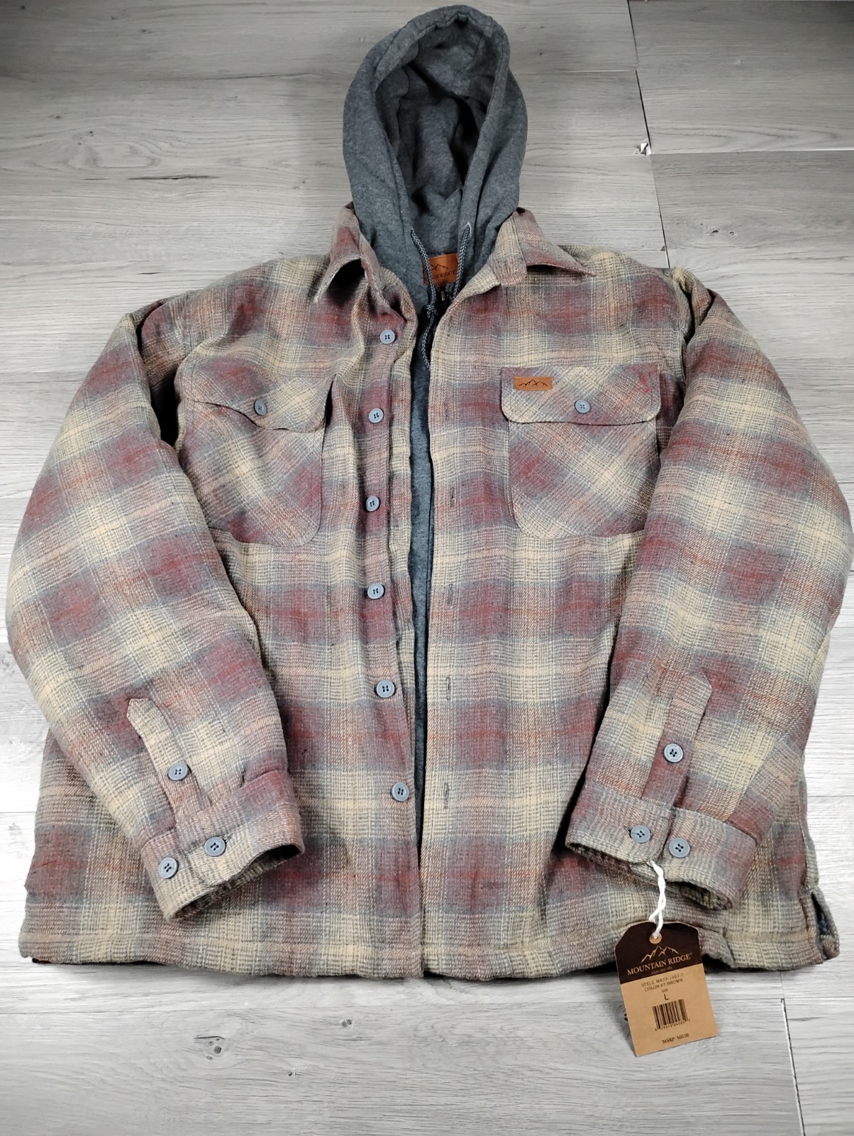 Mountain Ridge Jacket Mens L Sherpa Heavy Plaid Hoodie Hooded Shacket Full Zip