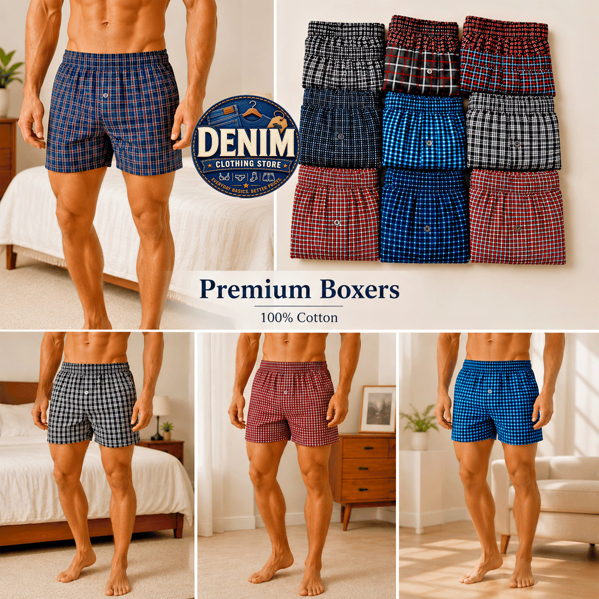 6 Pack Mens Premium Boxers 100% Cotton Underwear Trunk Plaid Shorts Size S~3XL