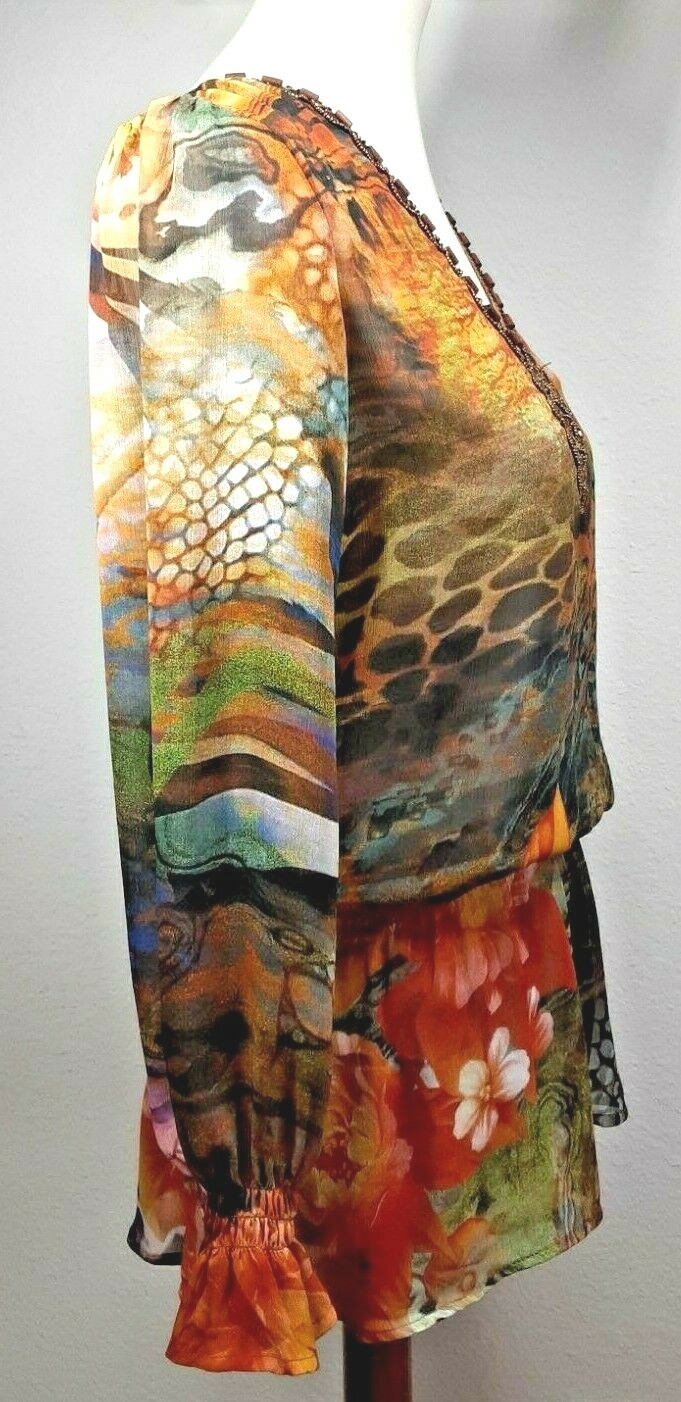 Mushka Sienna Rose Womens Small Embellished Peasant Semi Sheer Chiffon Long Top