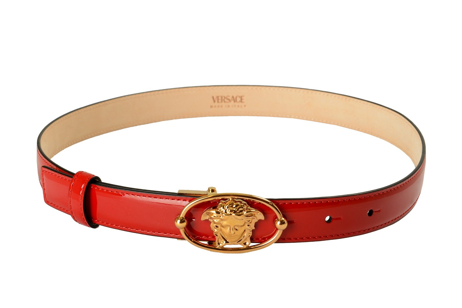 Versace Red 100% Patent Leather Gold Medusa Head Decorated Belt US 36 IT 90