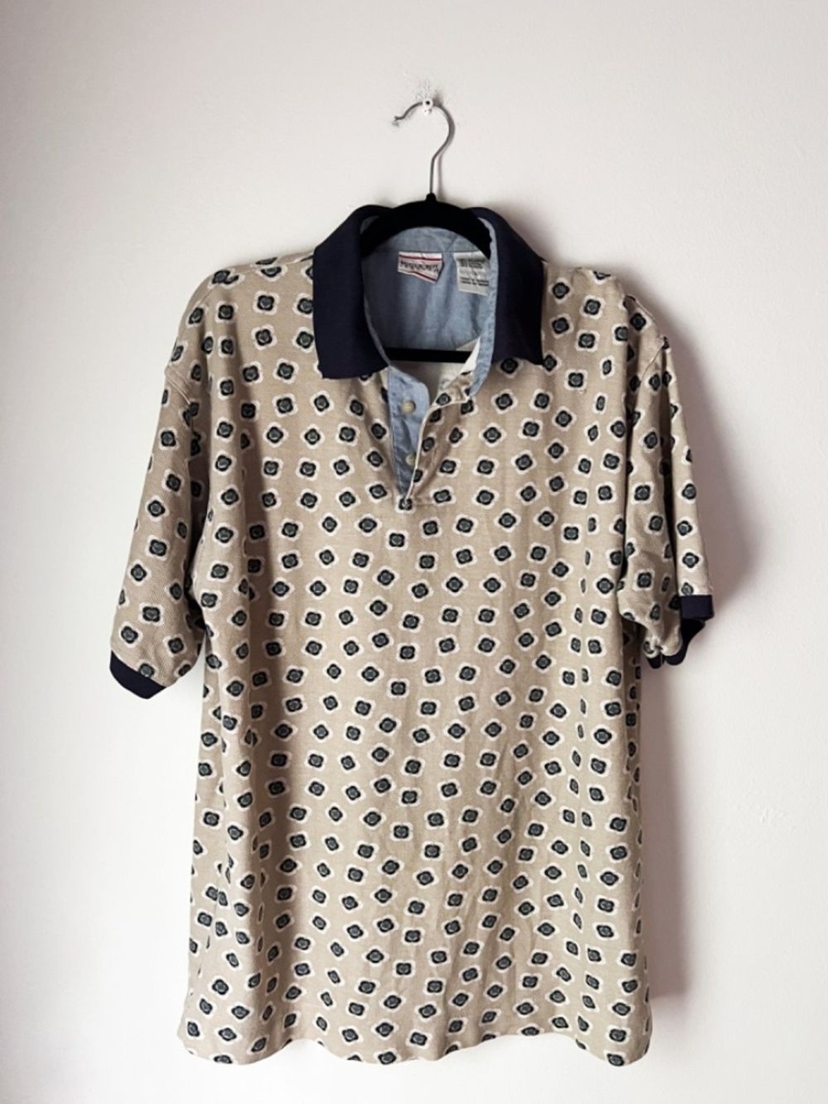 Vintage Bugle Boy Polo Shirt Large Beige Navy Geometric Print 90s Textured