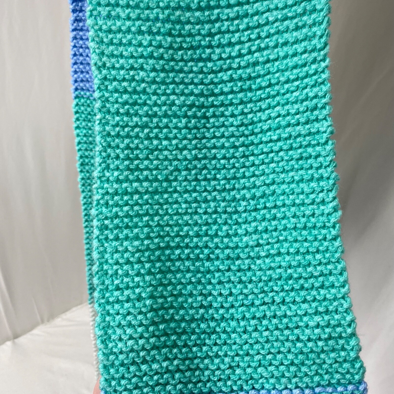 Crochet Knit Scarf Handmade Blue Green White 6.5 Inches X 64 Inches