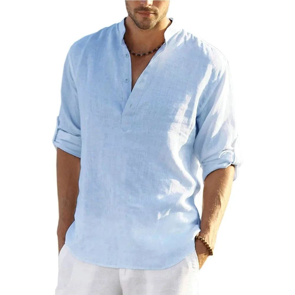 Men’s Cotton Linen Shirt Stand Collar Long Sleeve Casual Pullover Top
