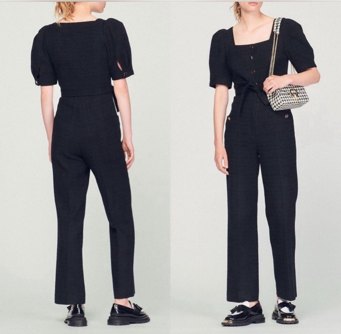SANDRO Women’s Black Square Neck Puff Sleeve Crepe Jumpsuit w/ Pockets sz 2