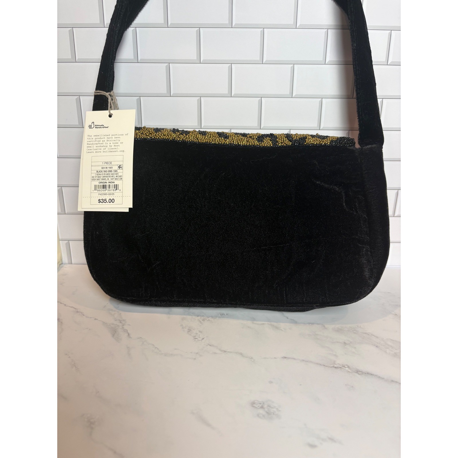 A New Day Black Velvet Leopard Beaded Shoulder Evening Handbag NWT