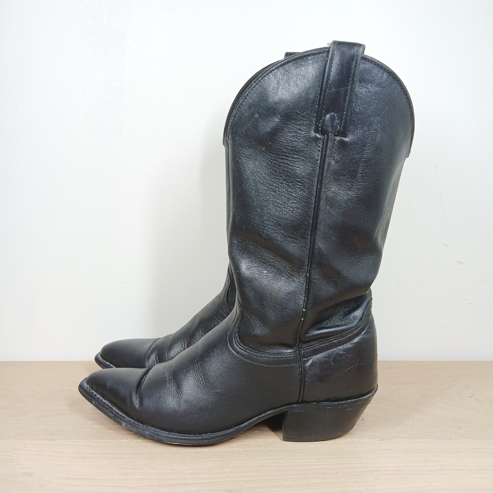 J.Chisholm Western Boots Men’s 7 Black Leather Pointed Toe Cuban Heel Mid-Calf