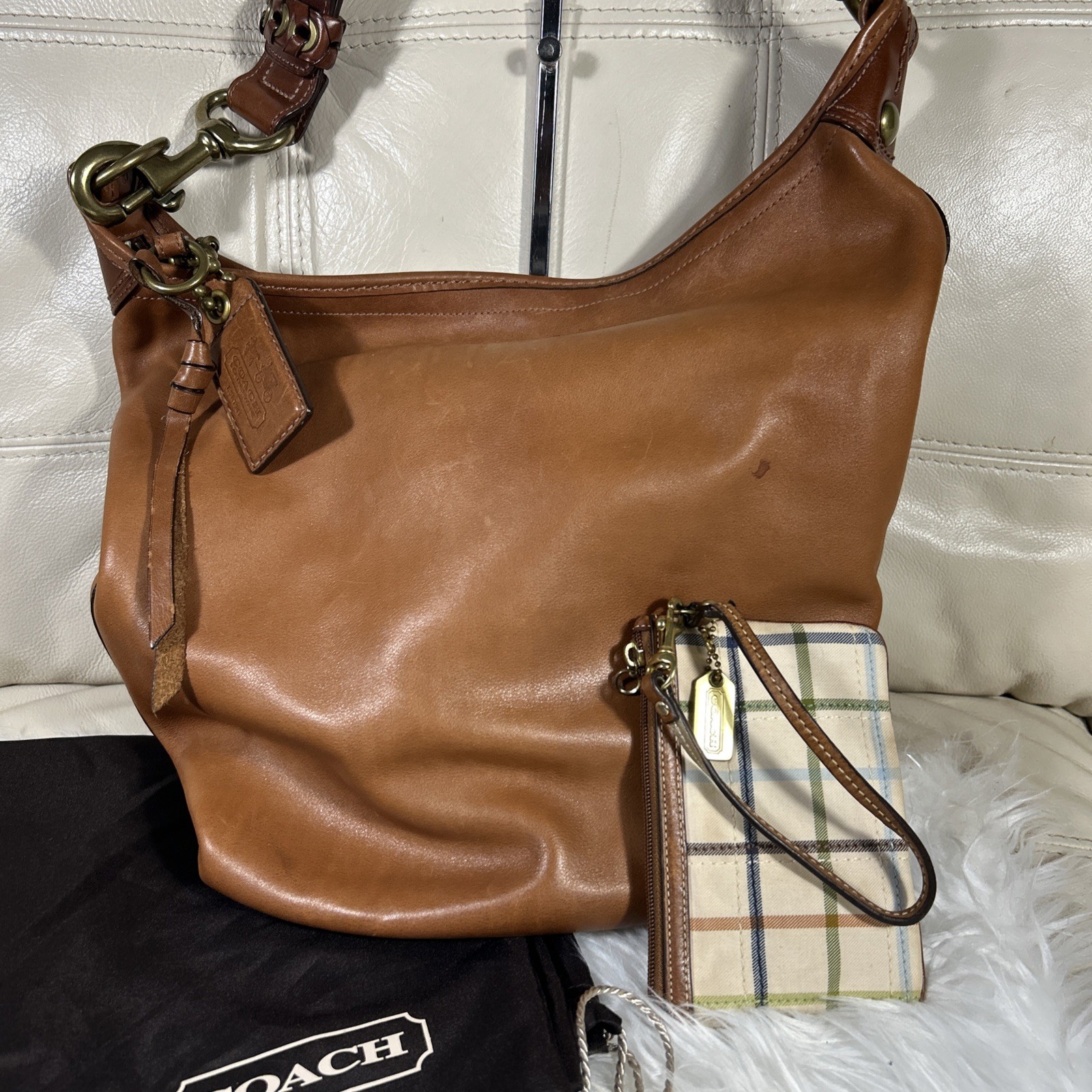 Vintage Coach Bag Bleecker 11423 Wristlet Whiskey Tattersall Duffle Dust Bag!