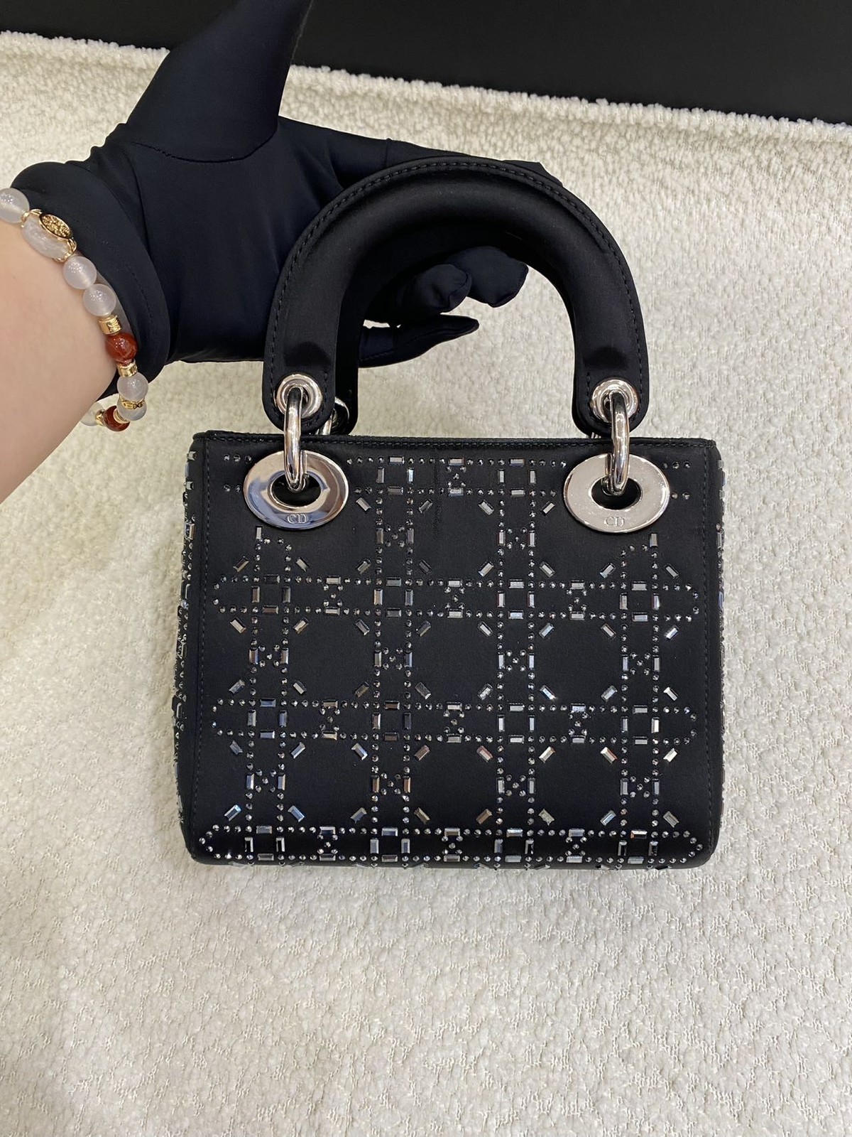 Dior Lady Dior Mini Black Satin Rhinestone 3-Grid Top Handle Bag Duty Paid