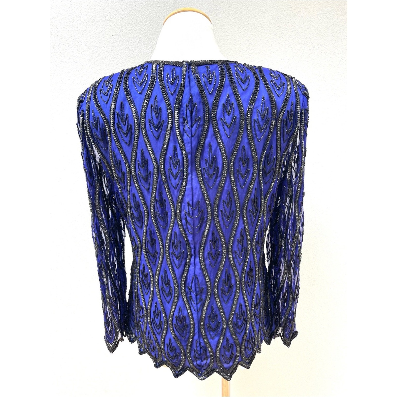 80s 90s Vintage Stenay Beaded Silk Blue Long-Sleeve Evening Top Women’s Medium P