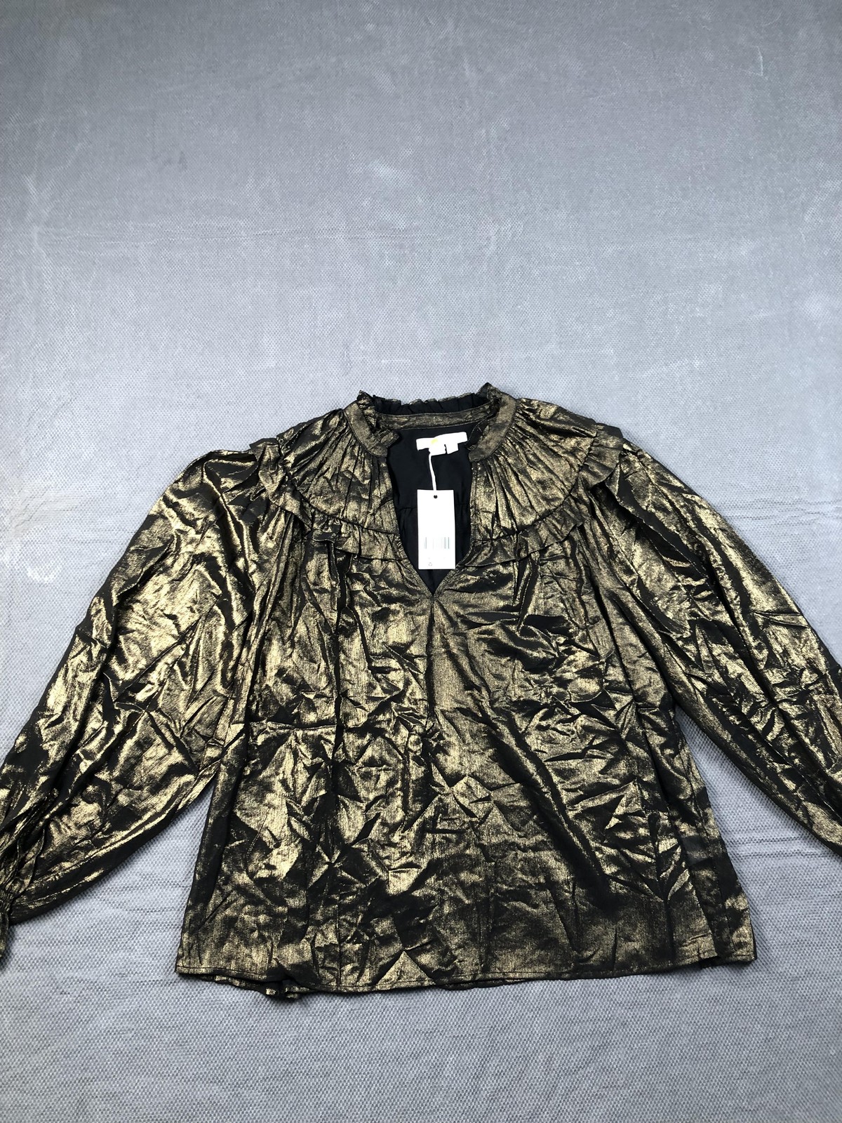 Boden Blouse Womens 8 Gold V Neck Long Puff Sleeve Ruffle Sheer Metallic Top NWT
