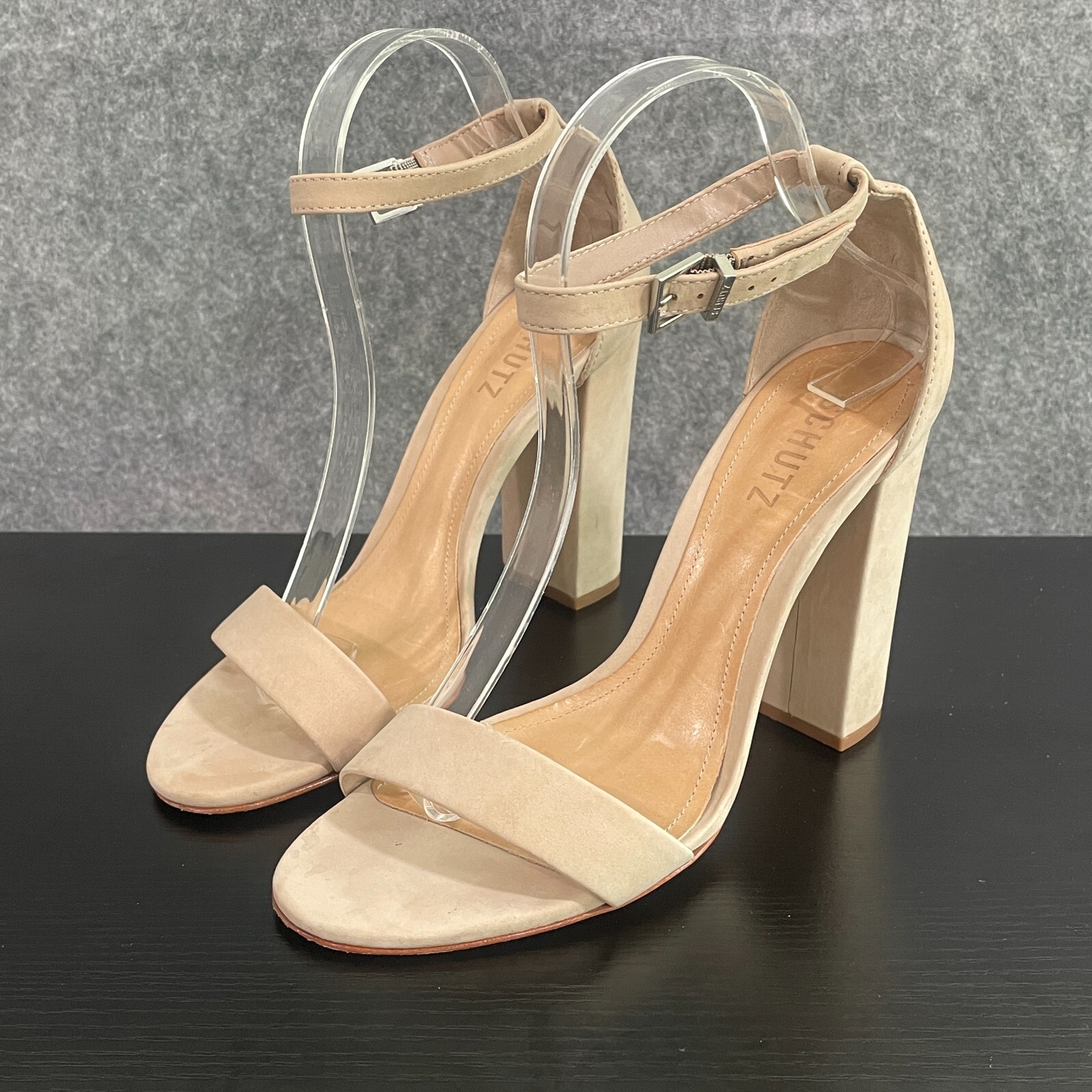 Schutz Sandals 8.5B Beige Suede Ankle Strap Open Toe Block 4.5 inches Heels