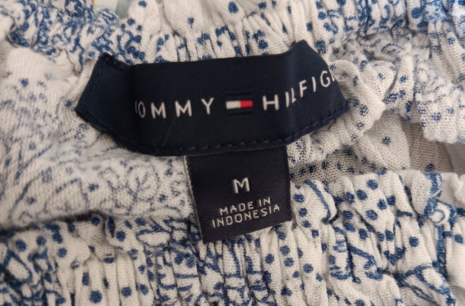 Tommy Hilfiger Paisley Peasant Blouse Blue White Smocked Off Shoulder Top Medium