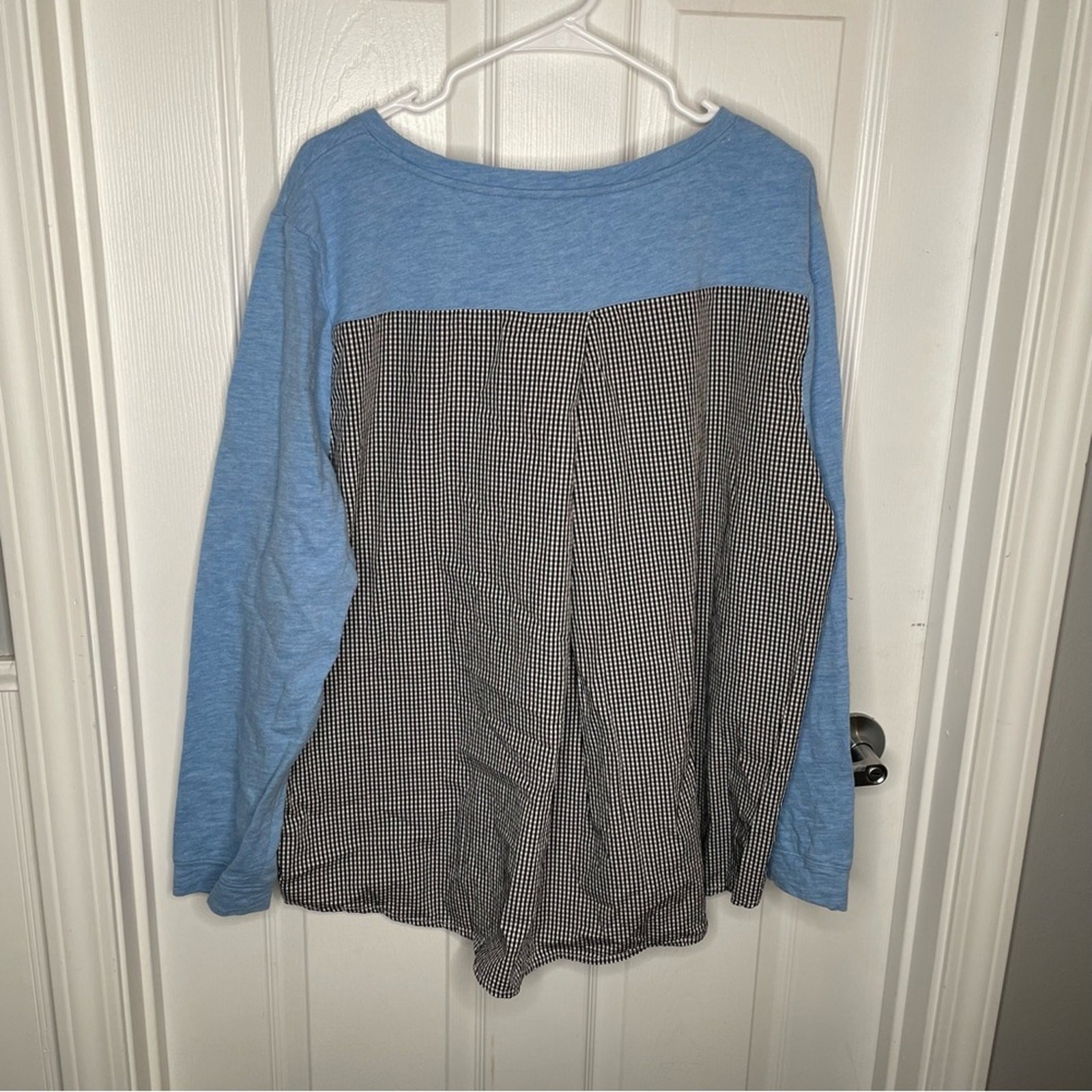 Talbots Woven Back Pullover Gingham Sweater 100% Cotton Crew Neck in Blue 2X