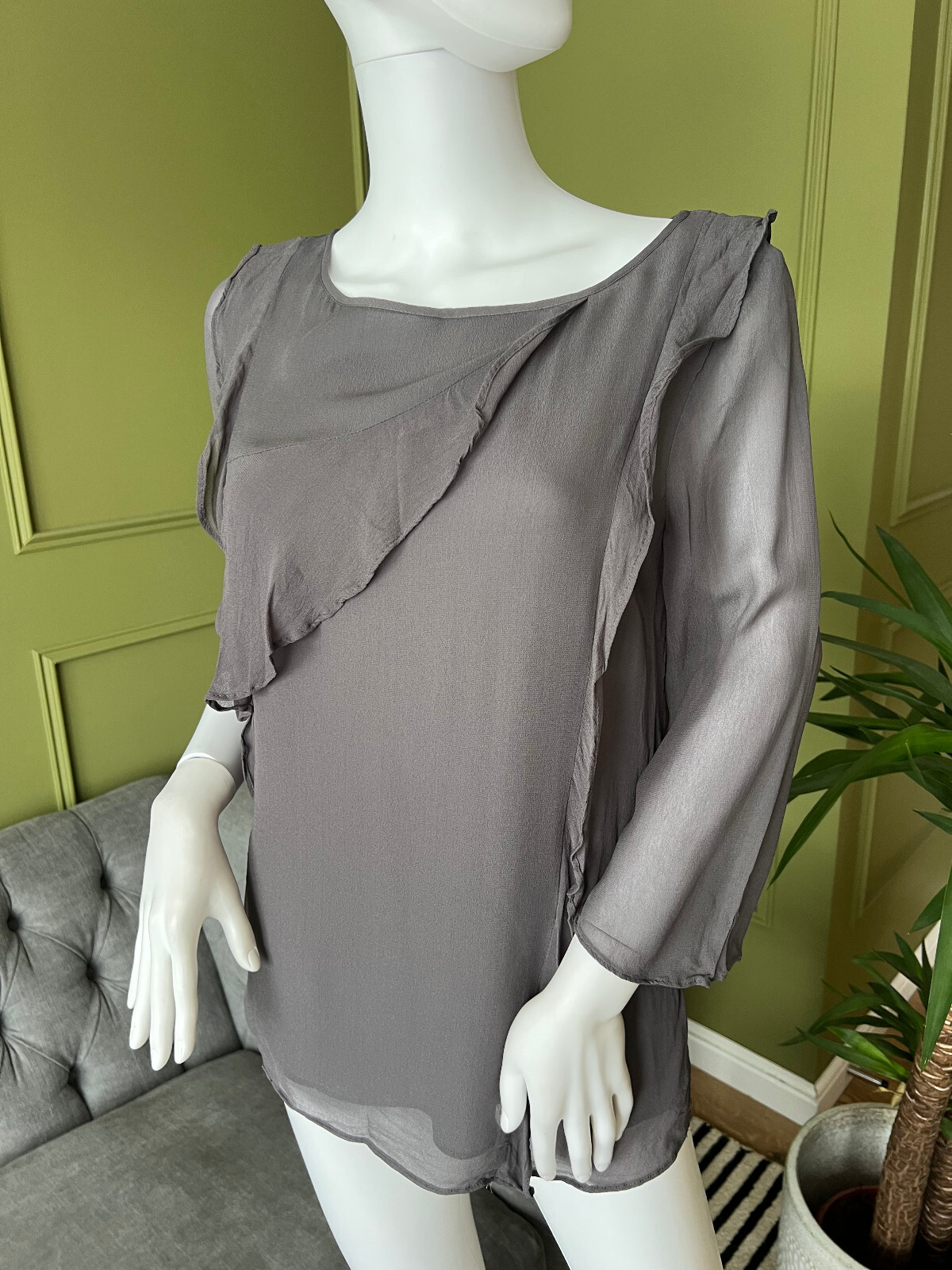 Mint Velvet Top Blouse Ash Grey Chiffon Frill detail lined top UK 10
