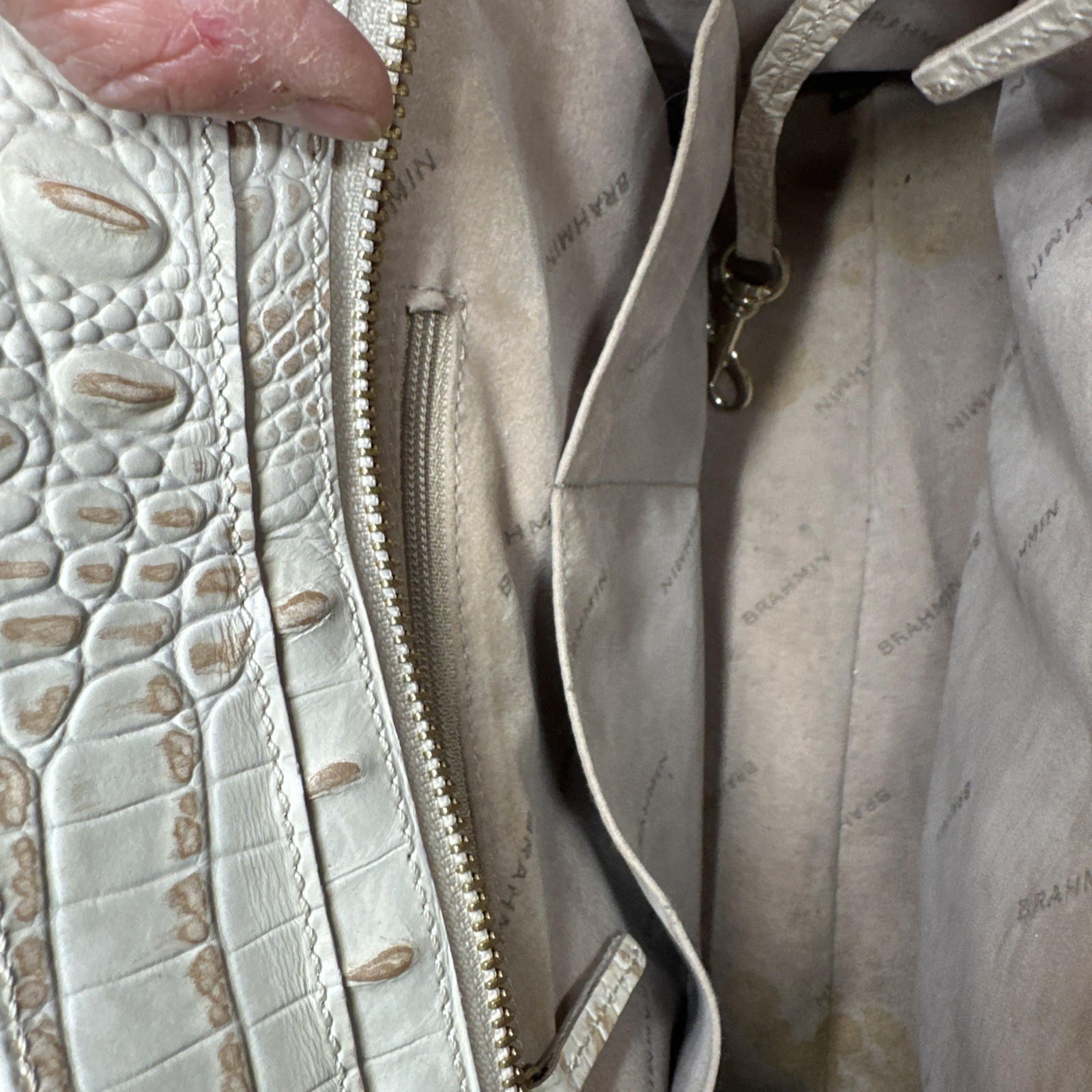 Brahmin Greta Satchel Bag With Crossbody Strap Cream Gold Croc Embossed