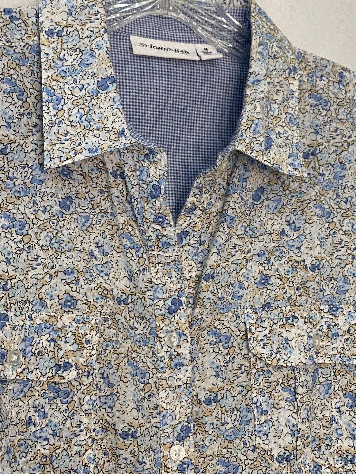 St. John’s Bay Women’s Size M Blue Floral Button Front Soft Cotton Blouse Top
