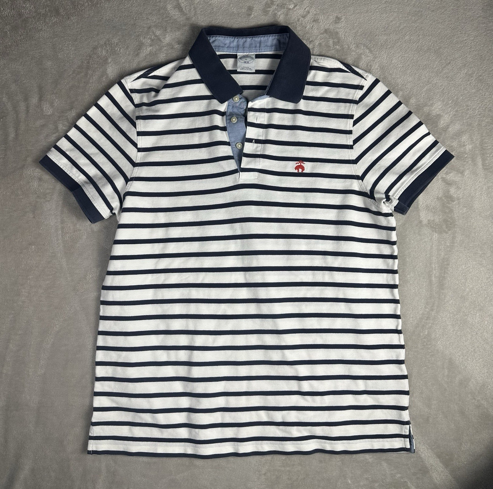 Brooks Brothers 1818 Men’s XL Slim White/Navy Striped Cotton Knit Polo Golf