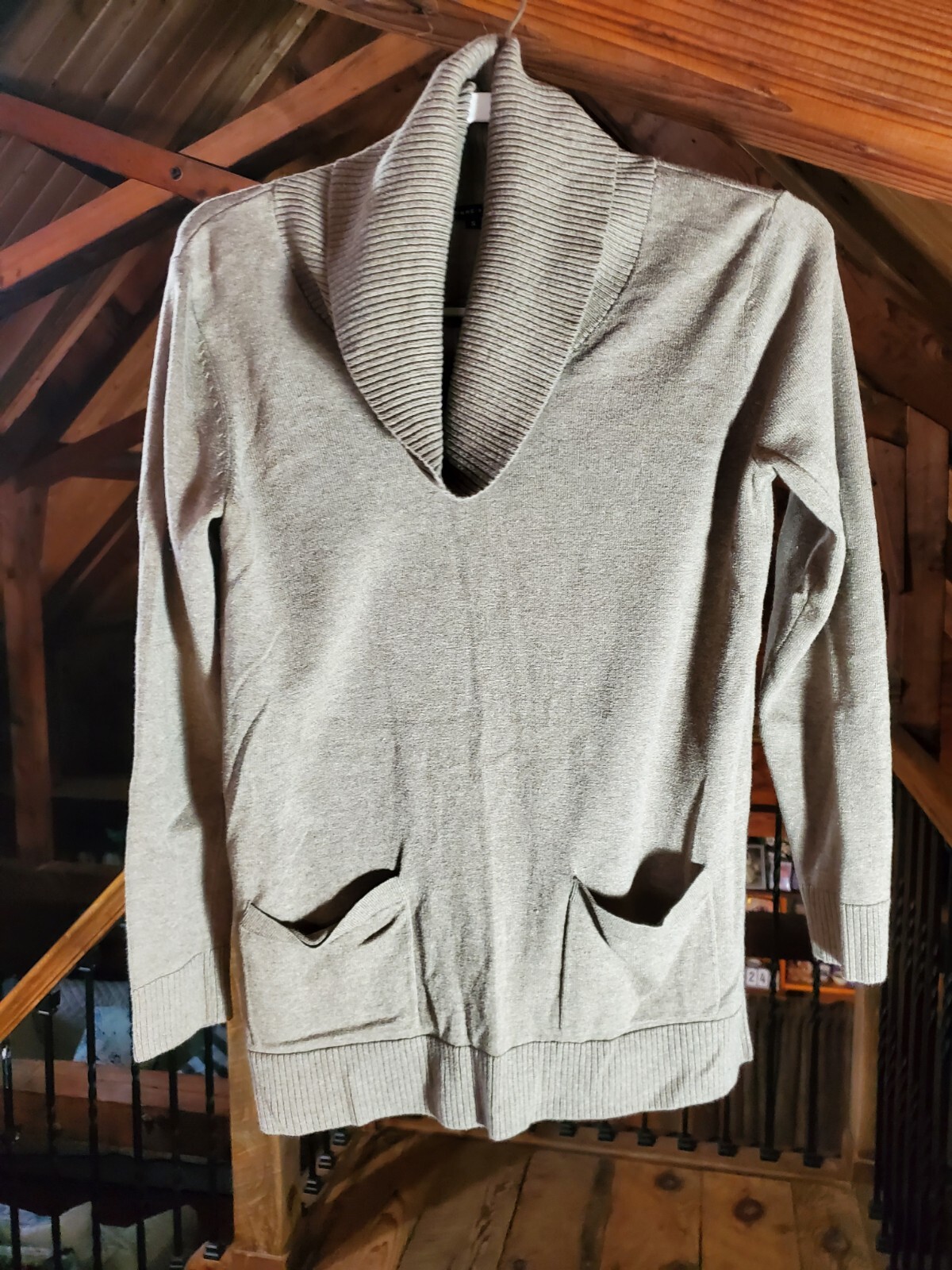 Jeanne Pierre Womens Sweater Small Cowl Neck Beige Oatmeal Pockets Minimalist