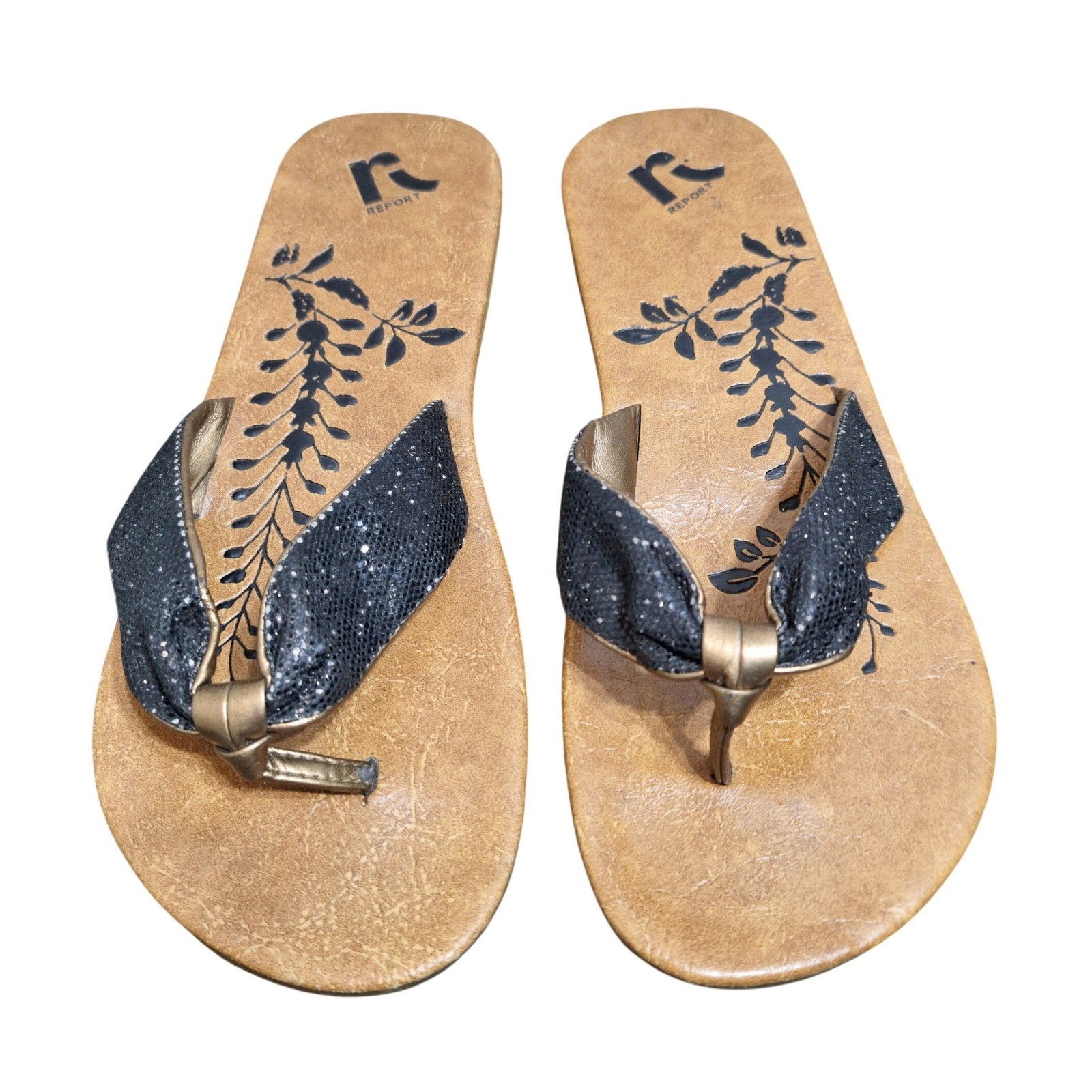 Report Ebben Womens 9 Flip Flop Sandals Black Glitter Gold Knot Tan Floral Flat
