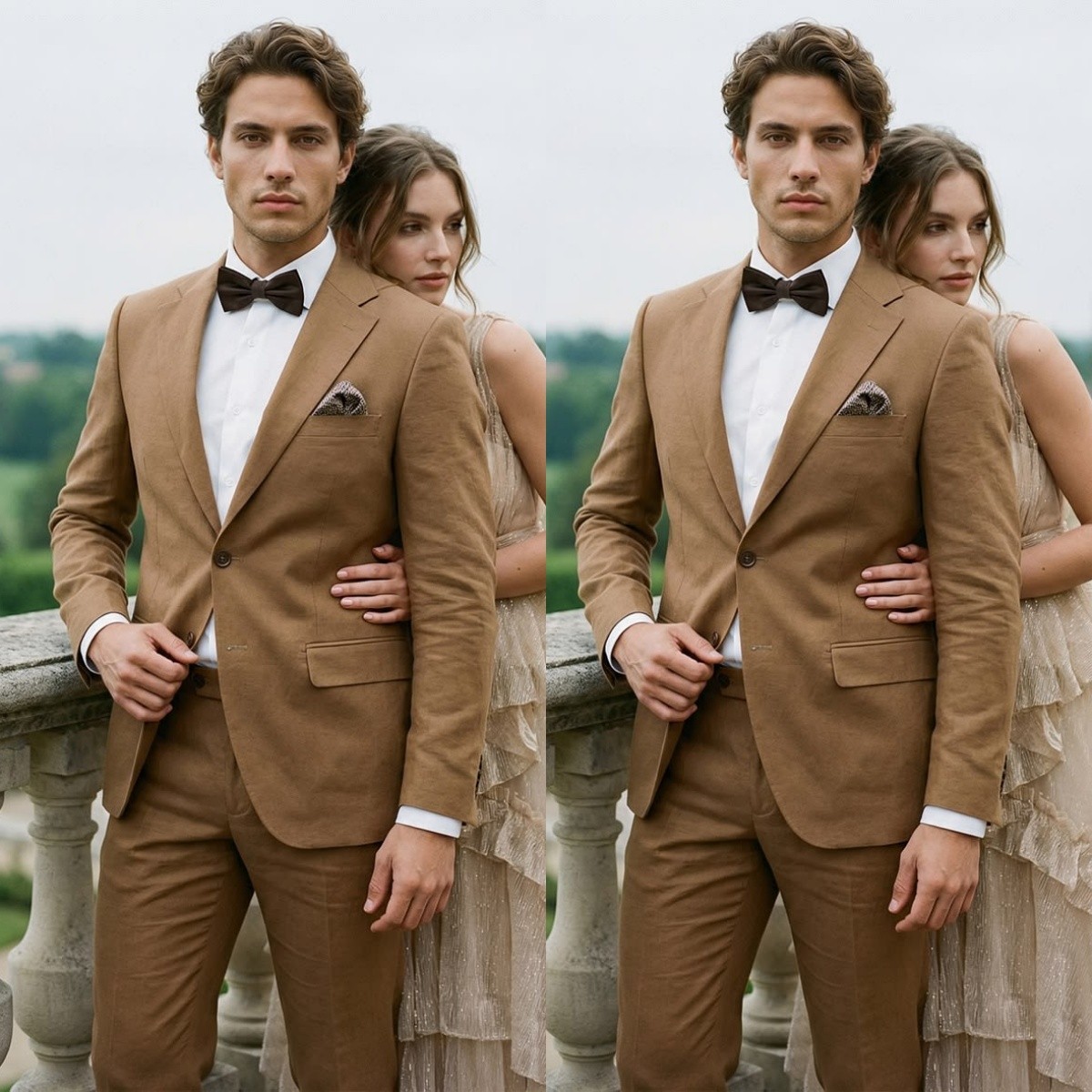 Brown Linen Men’s Suits Beach Notch Lapel Jacket Summer Casual Coat 2Pcs Blazer