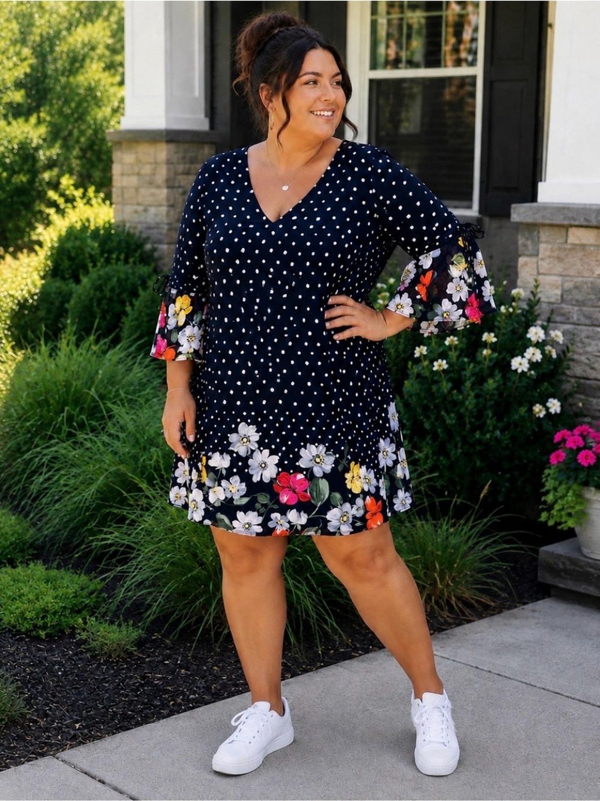 Vince Camuto Navy Polka Dot Midi Dress with Floral Hem