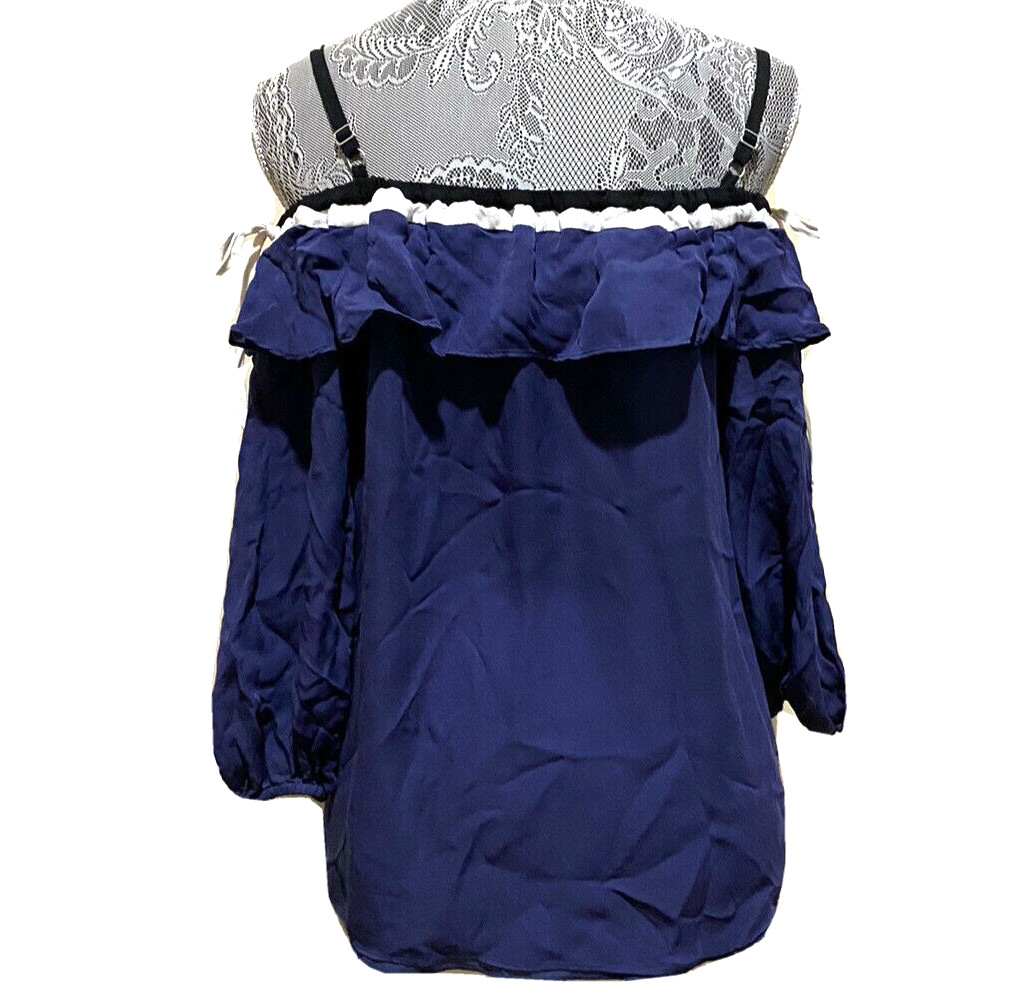Parker Silk Tunic Top Blue Off Shoulder Ruffle Overlay Spaghetti Strap Shirt