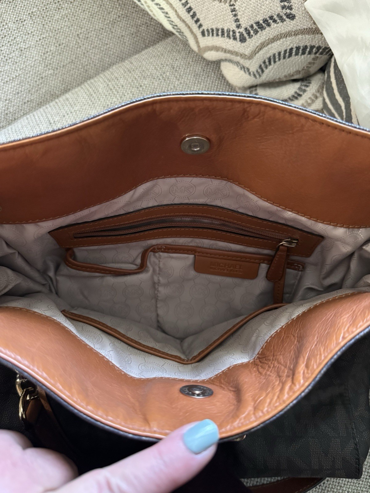 Michael Kors Brown MK Monogram Large Satchel Top Handle, Detachable Strap