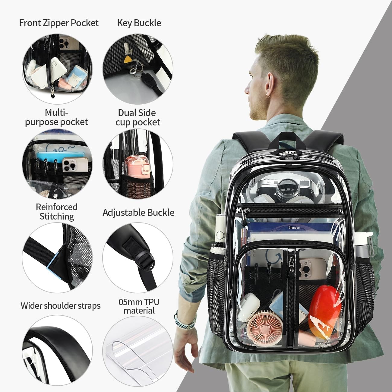 Extra Large Clear Backpack Heavy Duty for Adults, XL TPU 18In Black Bookbag | Se
