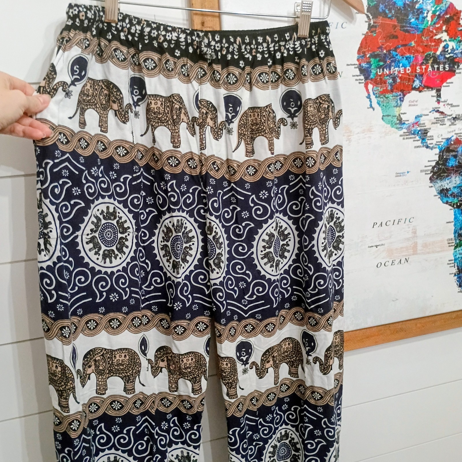 Women’s Navy Elephant Print Jogger Pants Drawstring Elastic Waist Rayon One Size