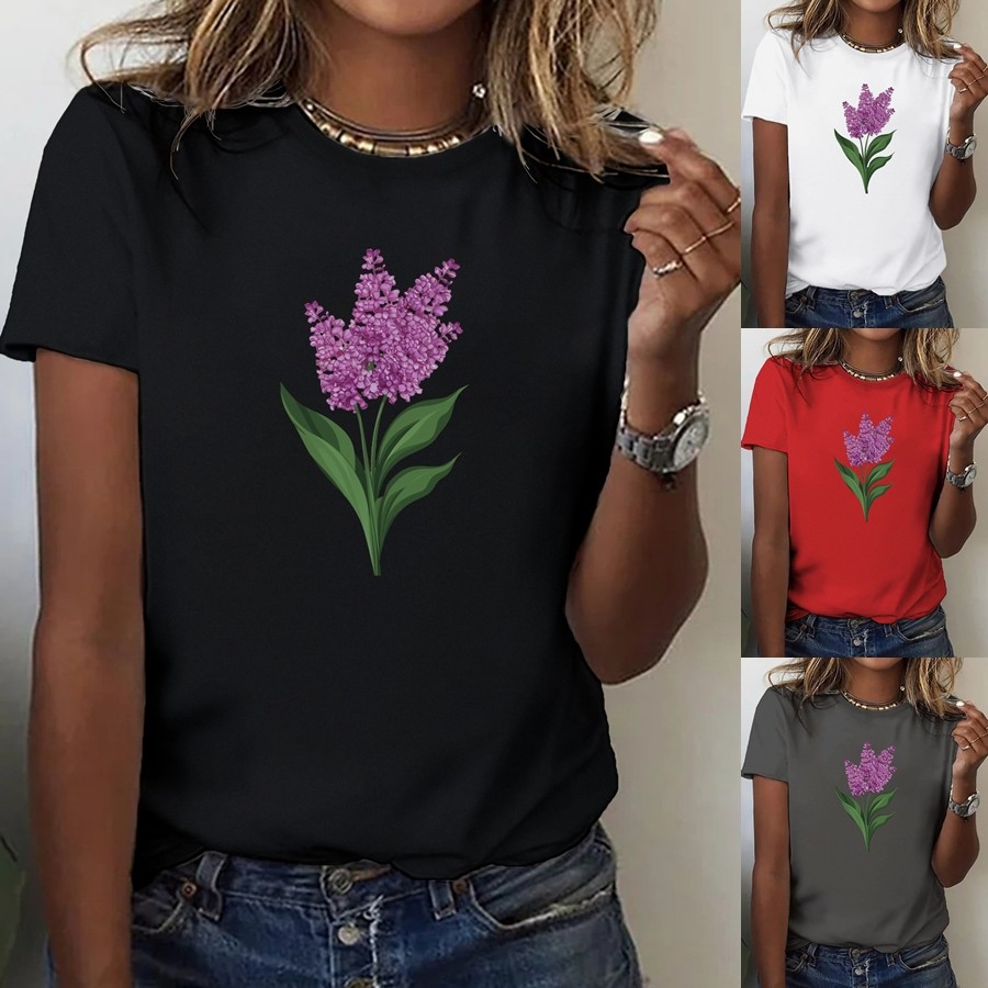 Women Flower Print Graphic T-Shirt Casual Short Sleeve Crew Neck Cotton Tee US√