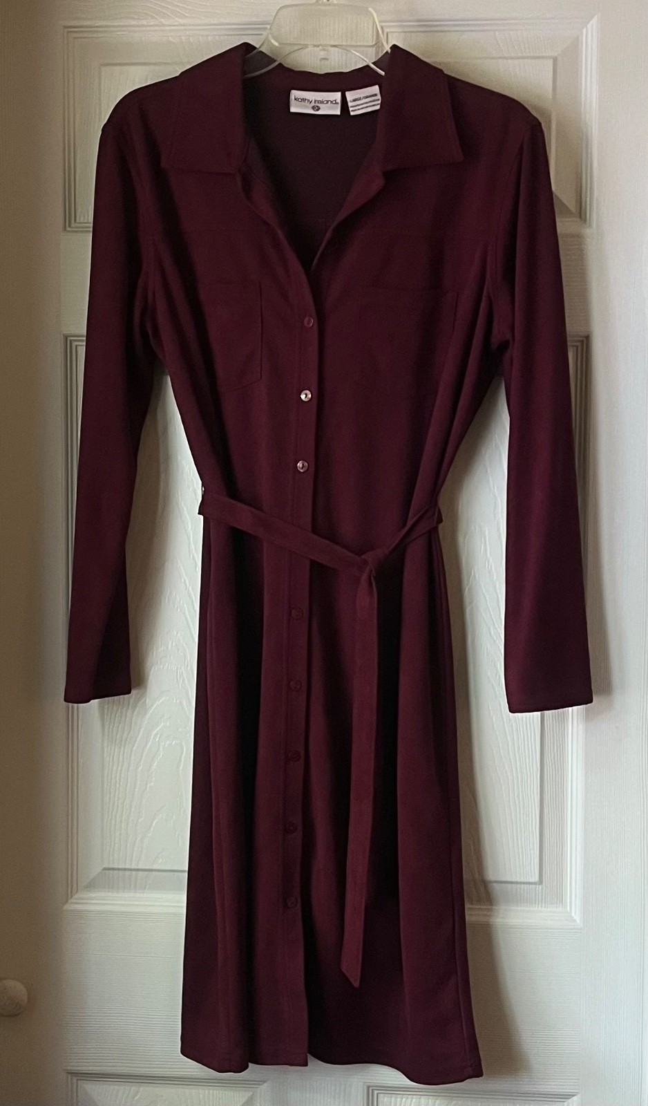 Kathy Ireland Womens Shirt Dress Medium Wine Burgundy Long Sleeve Button Up Belt