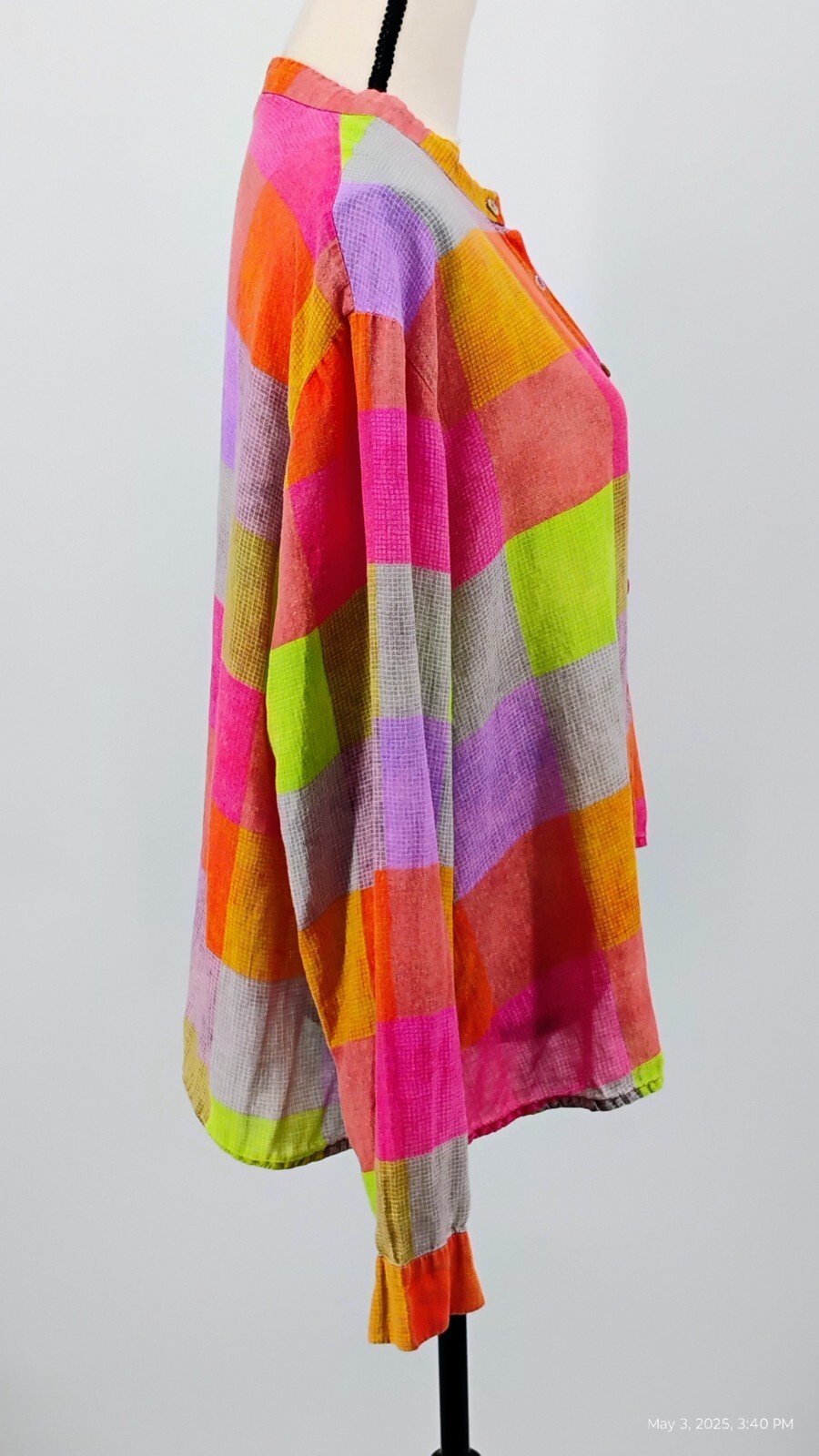 Buykud Irregular Plaid 100% Ramie Button Blouse Shirt Colorful Long Sleeve XL