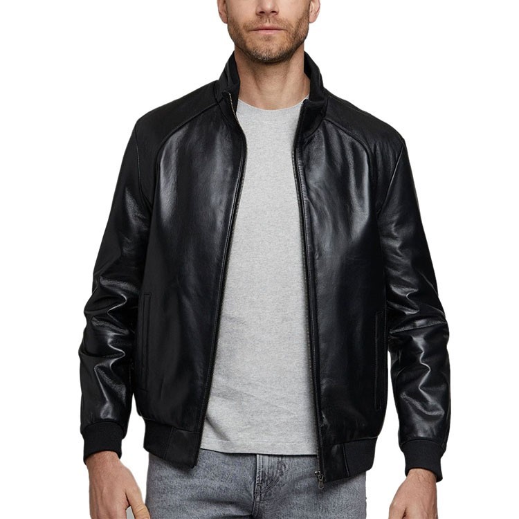 Men’s Black Leather Jacket Classic Bomber Motorcycle Zip Up Ribbed Cuff Coat