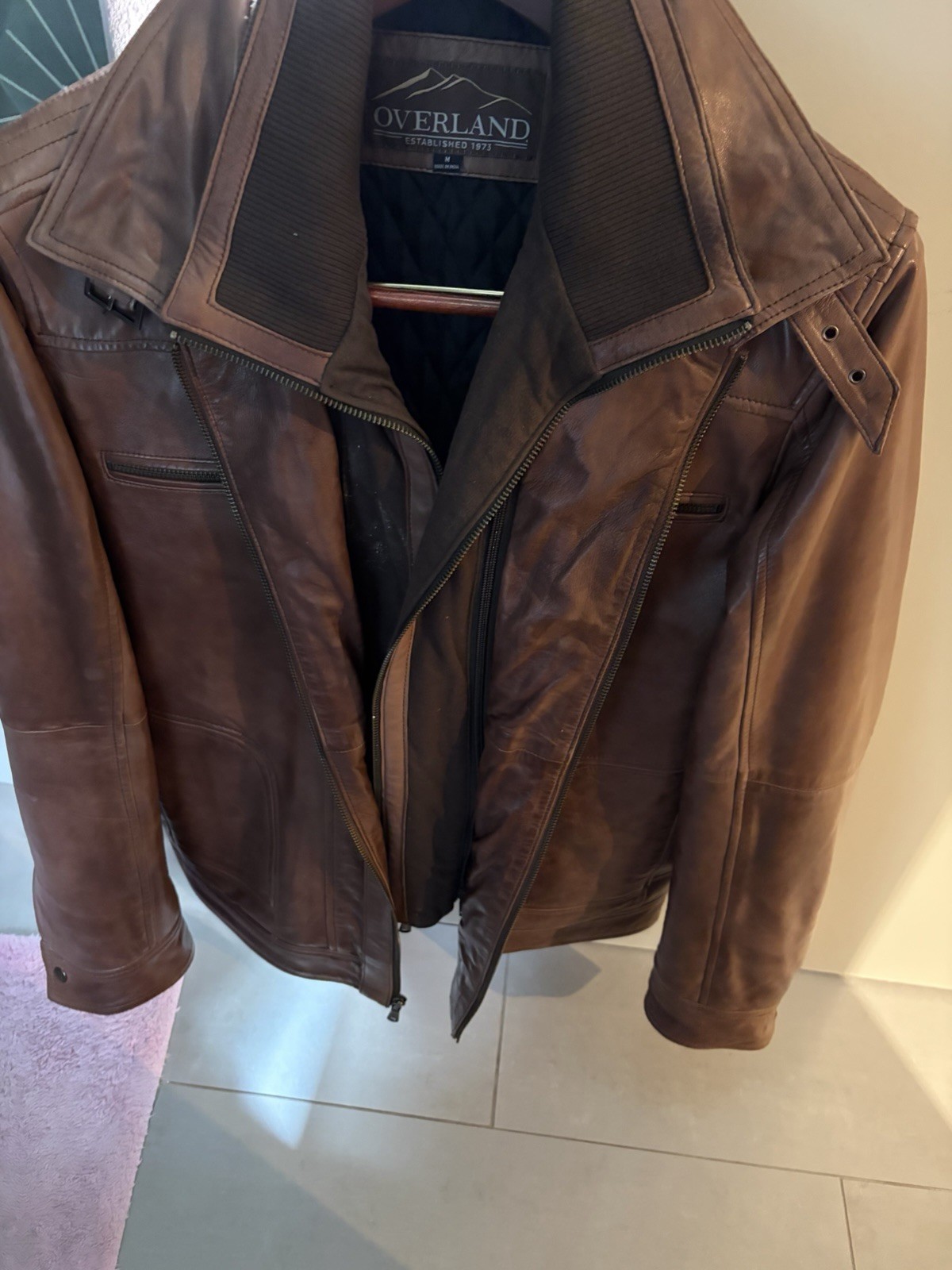 Overland Men’s Brown Leather Biker Jacket Zip Front Lined