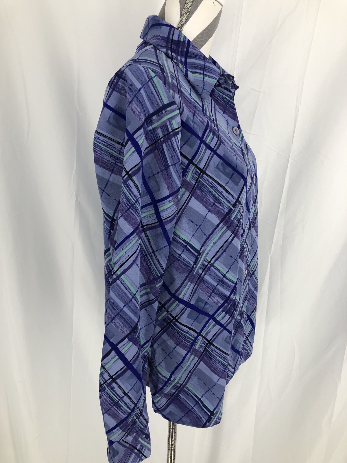 Susan Graver Style Button Up Shirt Top Purple Plaid Blouse Shoulder Pads Small
