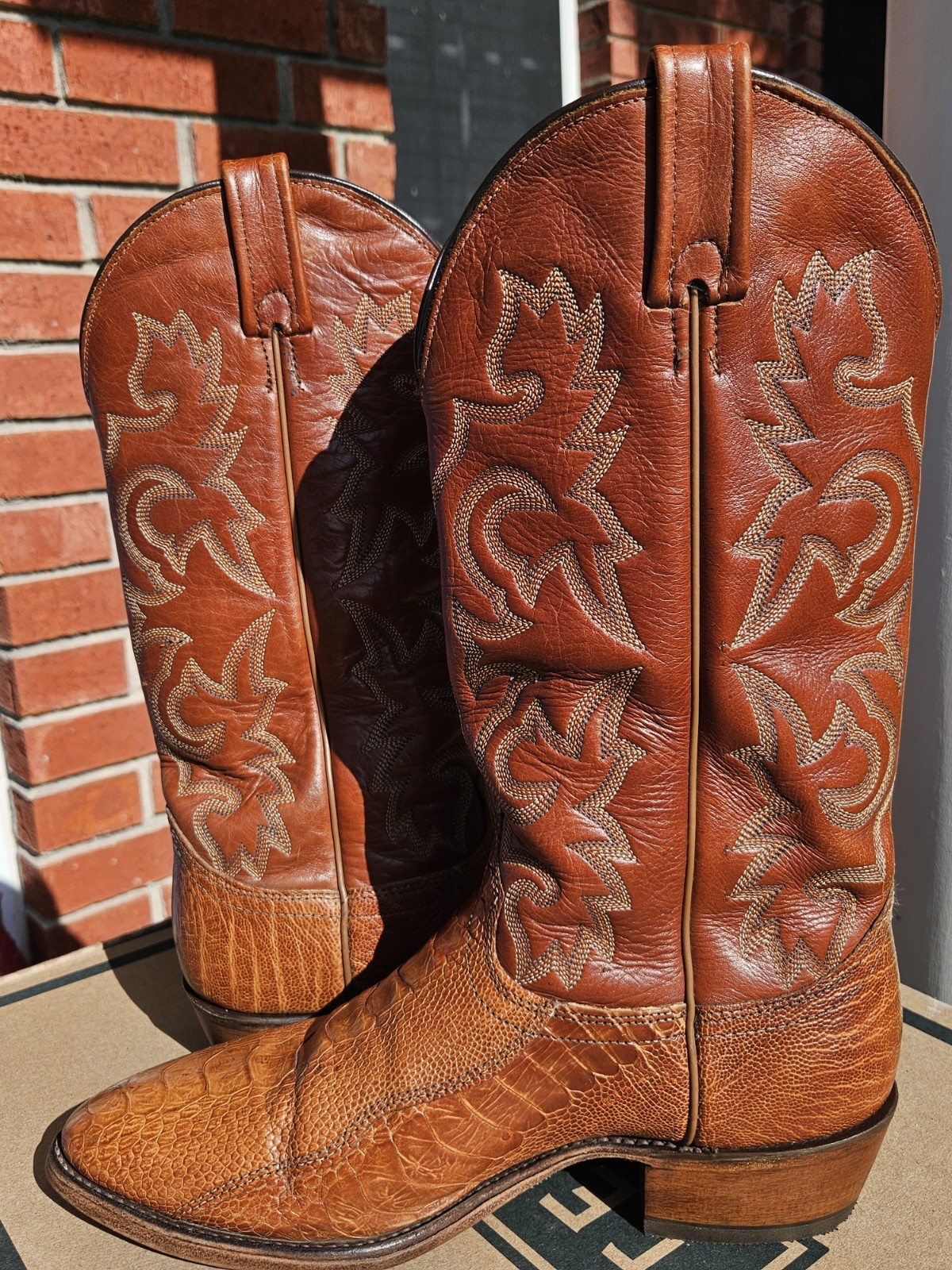 J Chisholm Men’s Cowboy Boots Size 9D “Cognac Ostrich Leg” W/NEW HEEL CAPS!